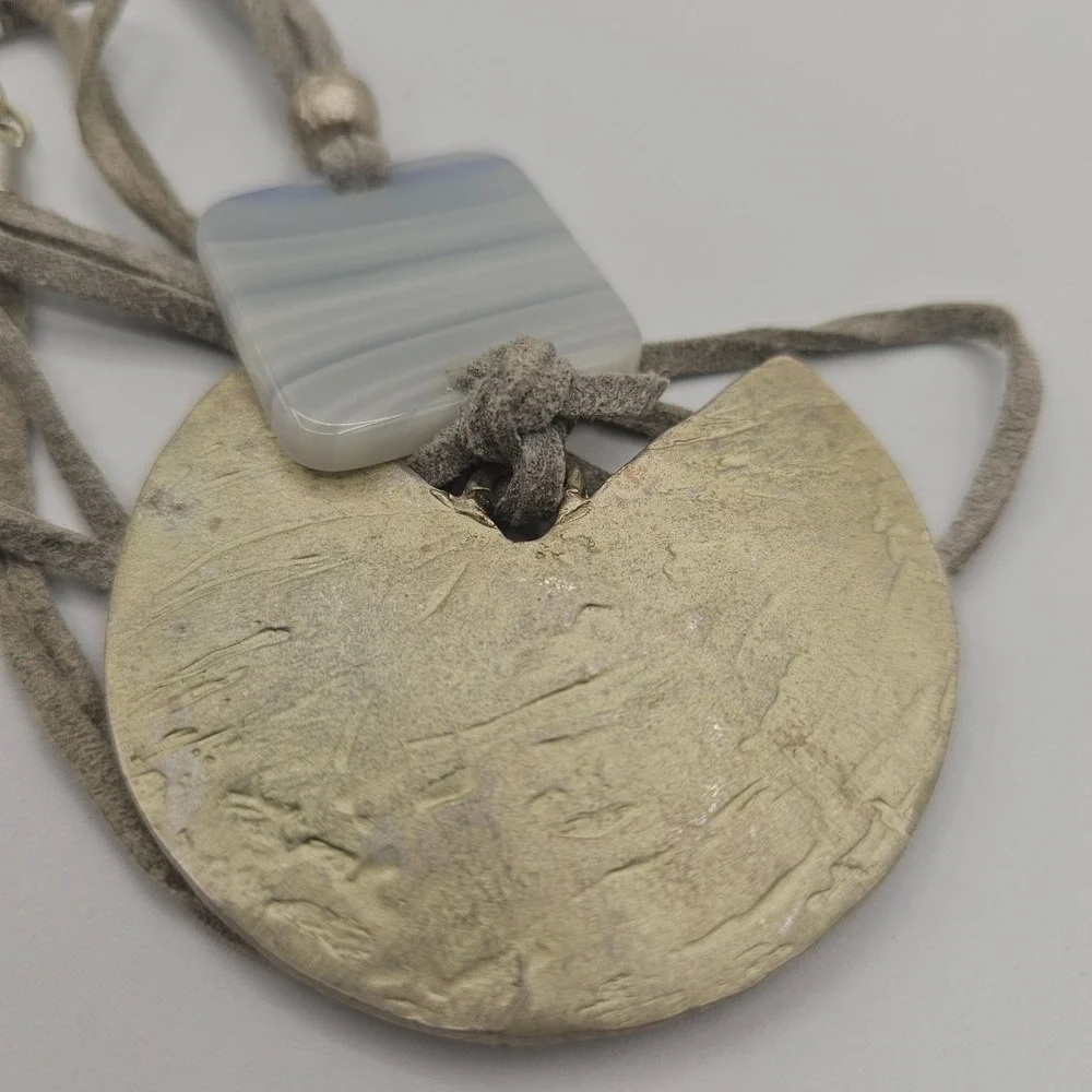 Handmade‎ Pendant Necklace Gray Glass Metal Suede Cord Geometric Boho